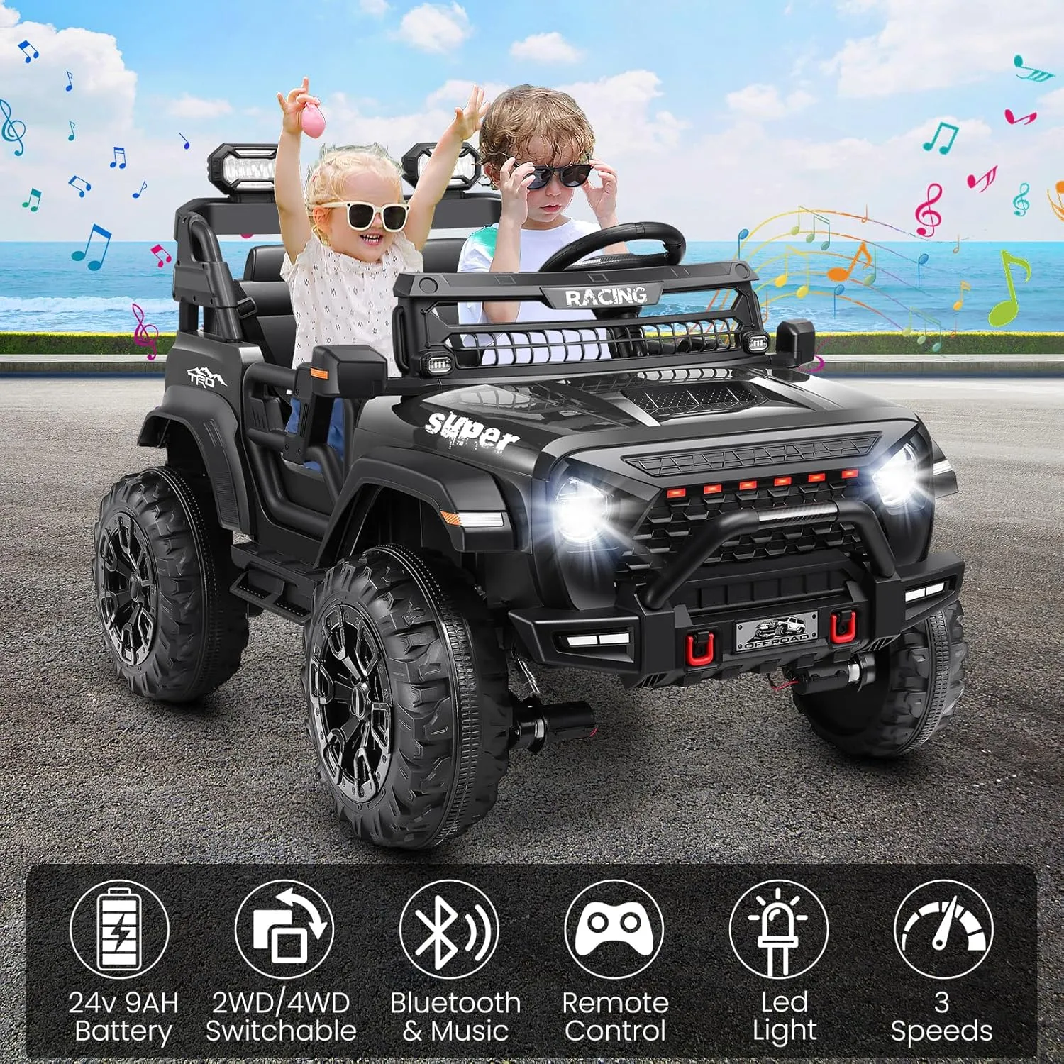 Hikole 24V 9AH Ride on Toys for Big Kids, 2 Seater Electric Car, w/Remote Control, 20" Spacious Seat, Switchable 4WD/2WD, Suspension, Bluetooth, Music, Power Car Wheels for Boys Girls, Black