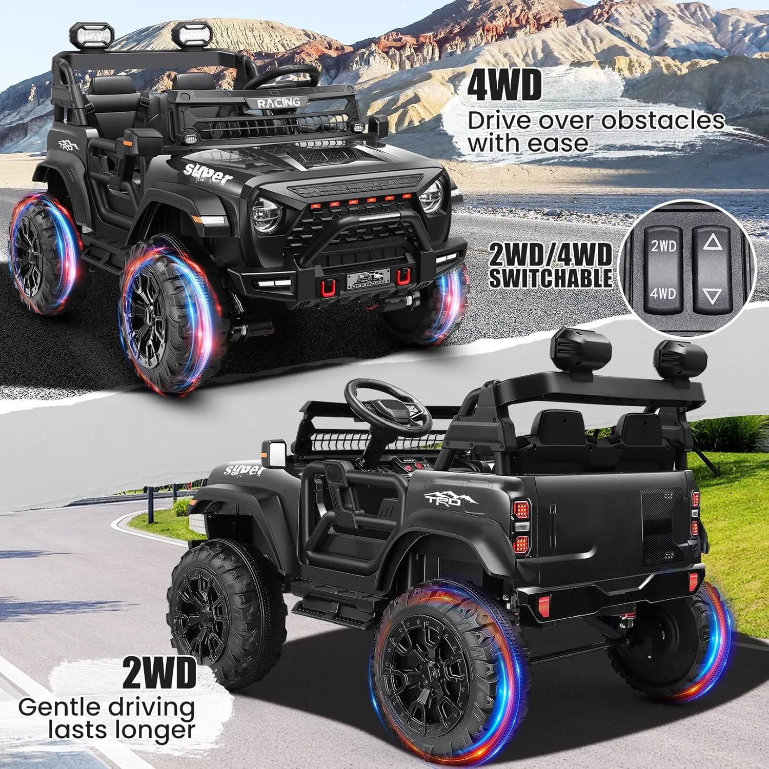Hikole 24V 9AH Ride on Toys for Big Kids, 2 Seater Electric Car, w/Remote Control, 20" Spacious Seat, Switchable 4WD/2WD, Suspension, Bluetooth, Music, Power Car Wheels for Boys Girls, Black