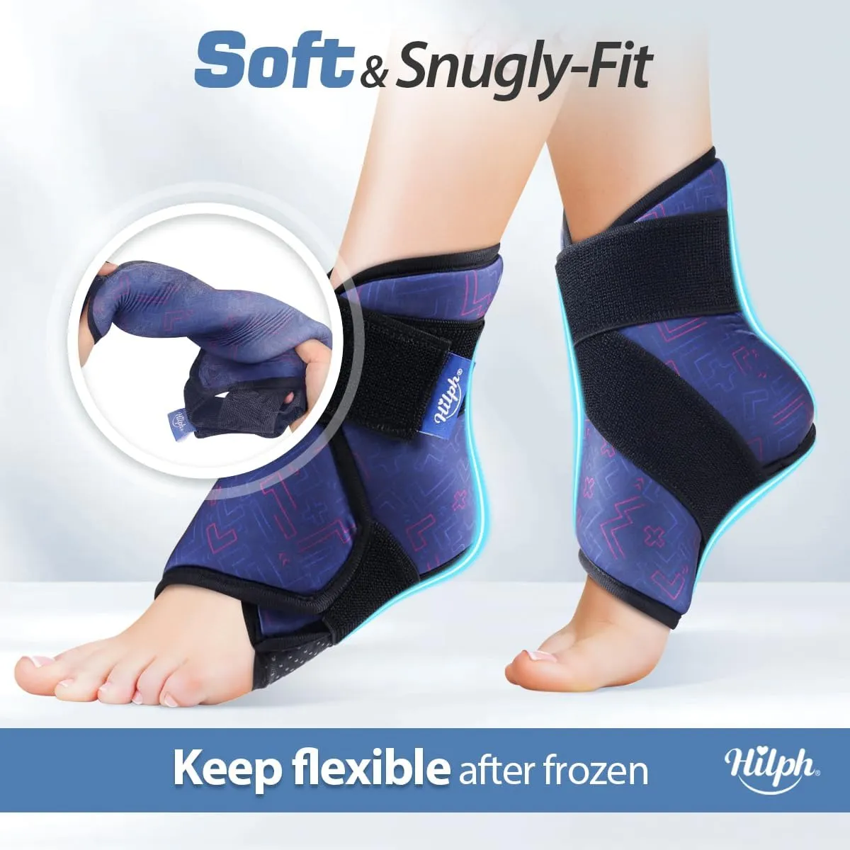 Hilph Ankle Heel Ice Pack Wrap for Swelling & Achilles Tendonitis, Reusable Foot Gel Ice Pack Wrap Hot Cold Compression Therapy for Sprained Ankle & Plantar Fasciitis Pain Relief (Blue, 2 Pack)