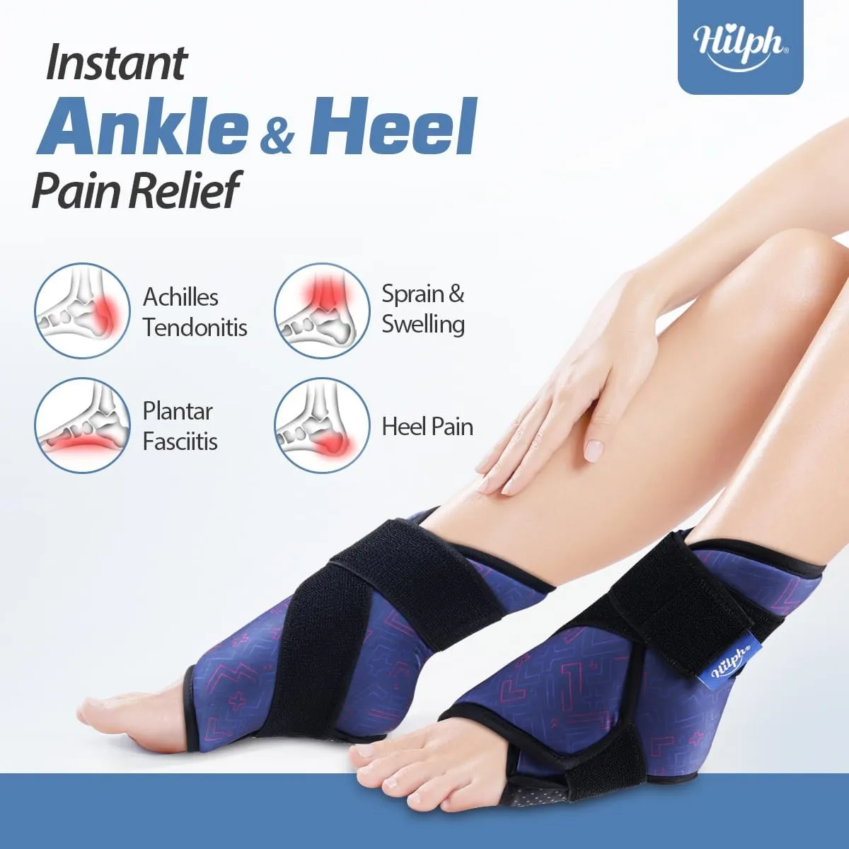 Hilph Ankle Heel Ice Pack Wrap for Swelling & Achilles Tendonitis, Reusable Foot Gel Ice Pack Wrap Hot Cold Compression Therapy for Sprained Ankle & Plantar Fasciitis Pain Relief (Blue, 2 Pack)