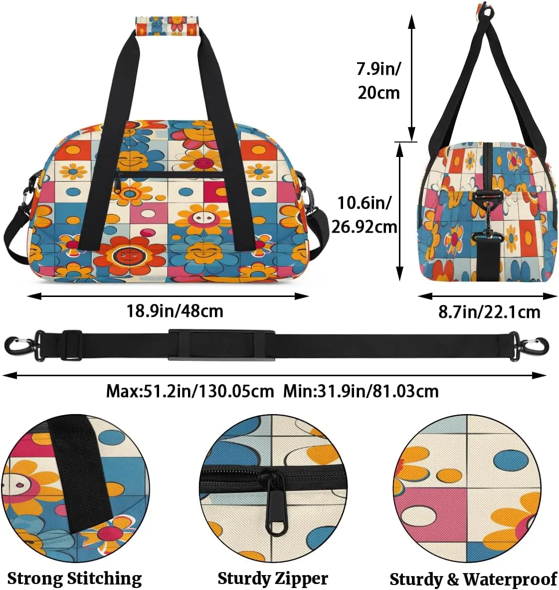 Hippie Groovy Flowers Kids Overnighter Duffel Bags for Boys, Carry-On Size Sports Gym Bag with Front Zipper Pocket for School Practice or Overnight Travel Weekender Sleepover Tote Bag