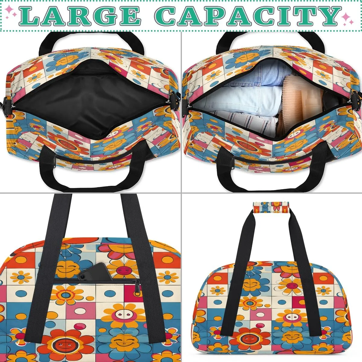 Hippie Groovy Flowers Kids Overnighter Duffel Bags for Boys, Carry-On Size Sports Gym Bag with Front Zipper Pocket for School Practice or Overnight Travel Weekender Sleepover Tote Bag
