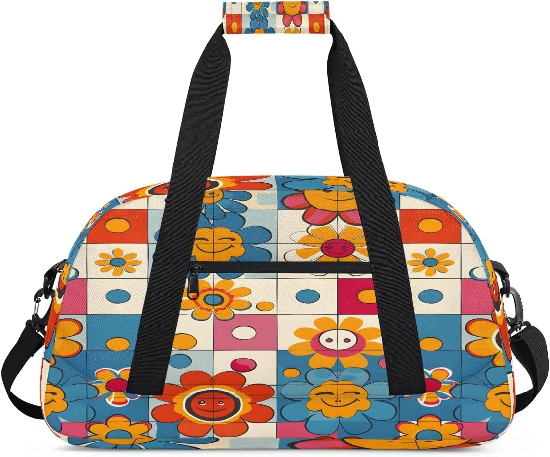 Hippie Groovy Flowers Kids Overnighter Duffel Bags for Boys, Carry-On Size Sports Gym Bag with Front Zipper Pocket for School Practice or Overnight Travel Weekender Sleepover Tote Bag