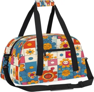 Hippie Groovy Flowers Kids Overnighter Duffel Bags for Boys, Carry-On Size Sports Gym Bag with Front Zipper Pocket for School Practice or Overnight Travel Weekender Sleepover Tote Bag
