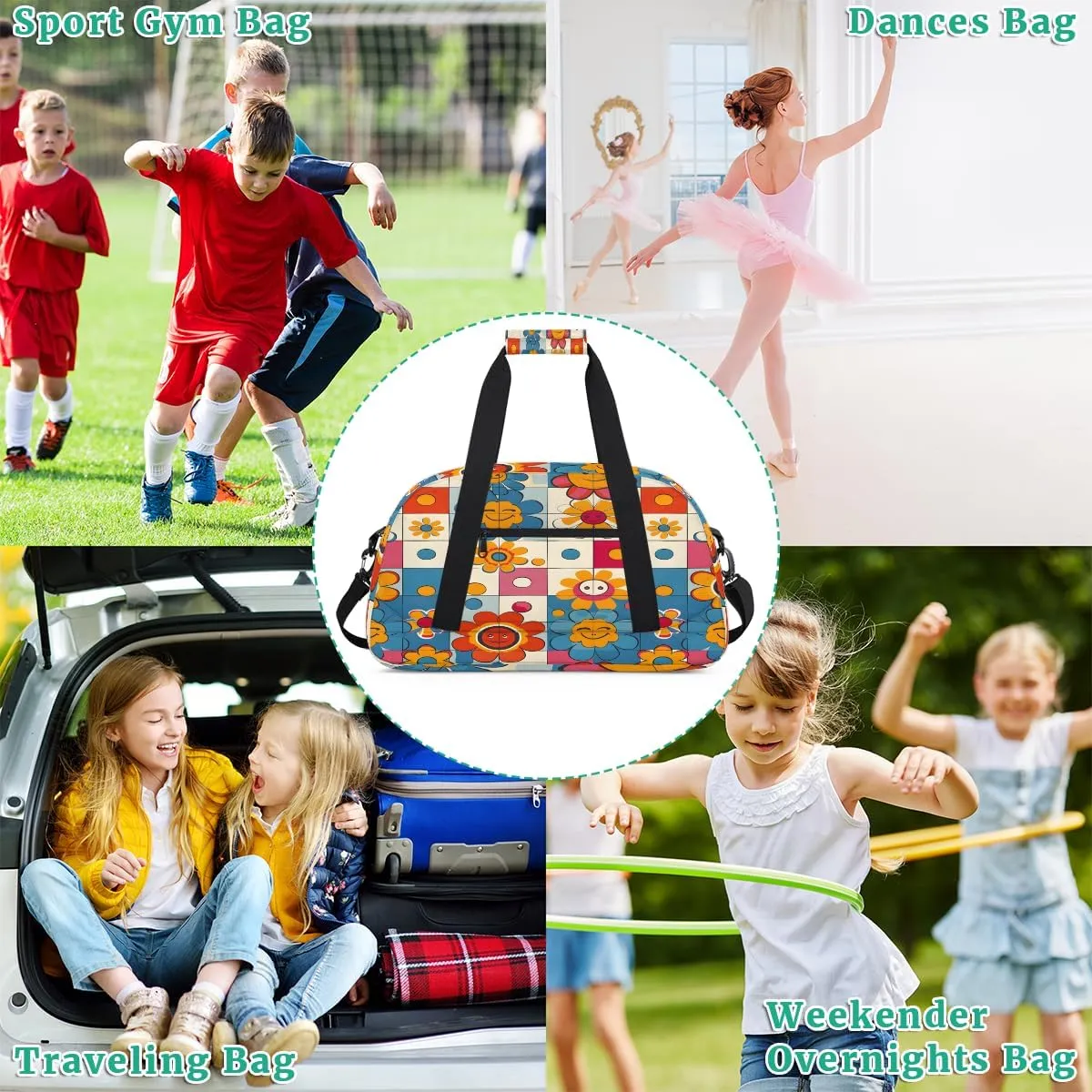 Hippie Groovy Flowers Kids Overnighter Duffel Bags for Boys, Carry-On Size Sports Gym Bag with Front Zipper Pocket for School Practice or Overnight Travel Weekender Sleepover Tote Bag