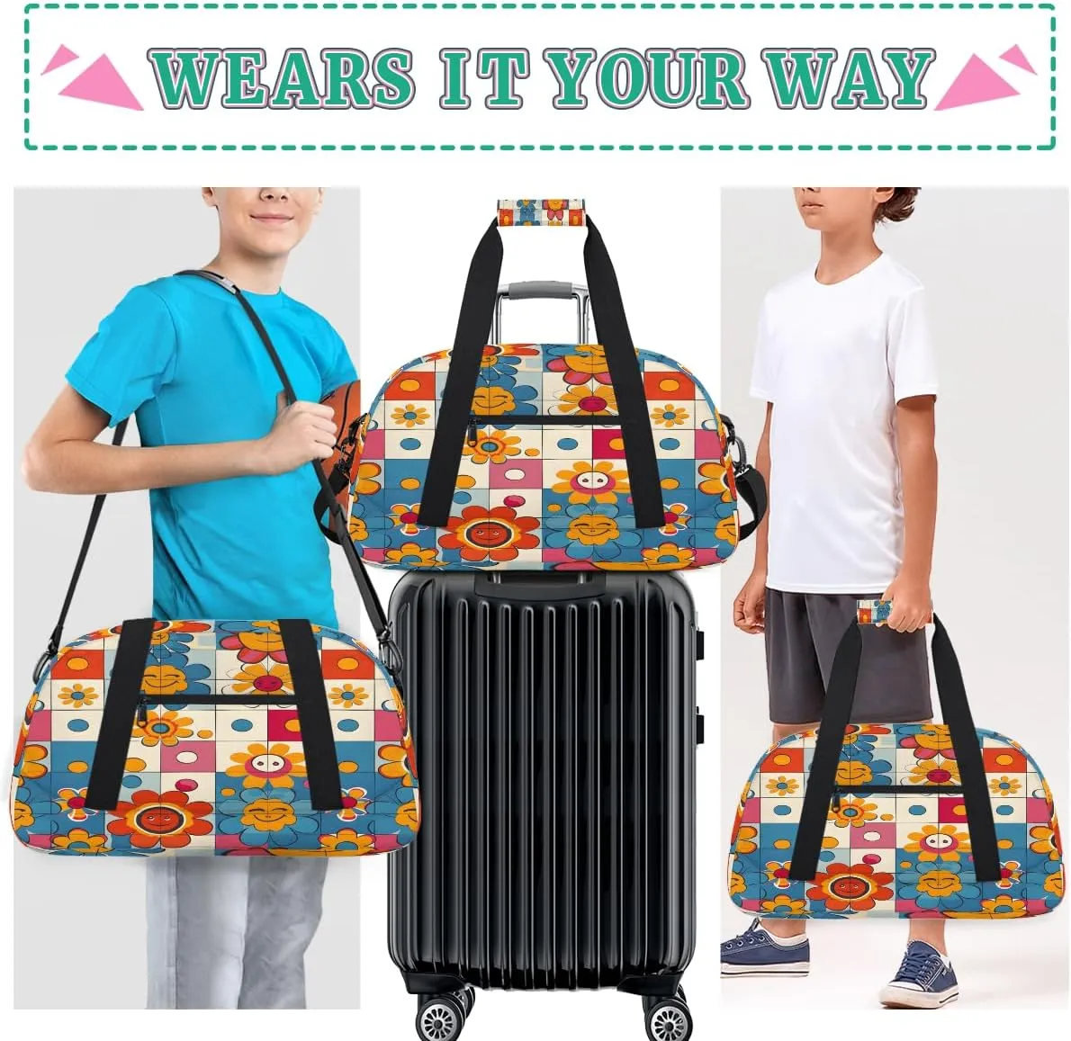 Hippie Groovy Flowers Kids Overnighter Duffel Bags for Boys, Carry-On Size Sports Gym Bag with Front Zipper Pocket for School Practice or Overnight Travel Weekender Sleepover Tote Bag