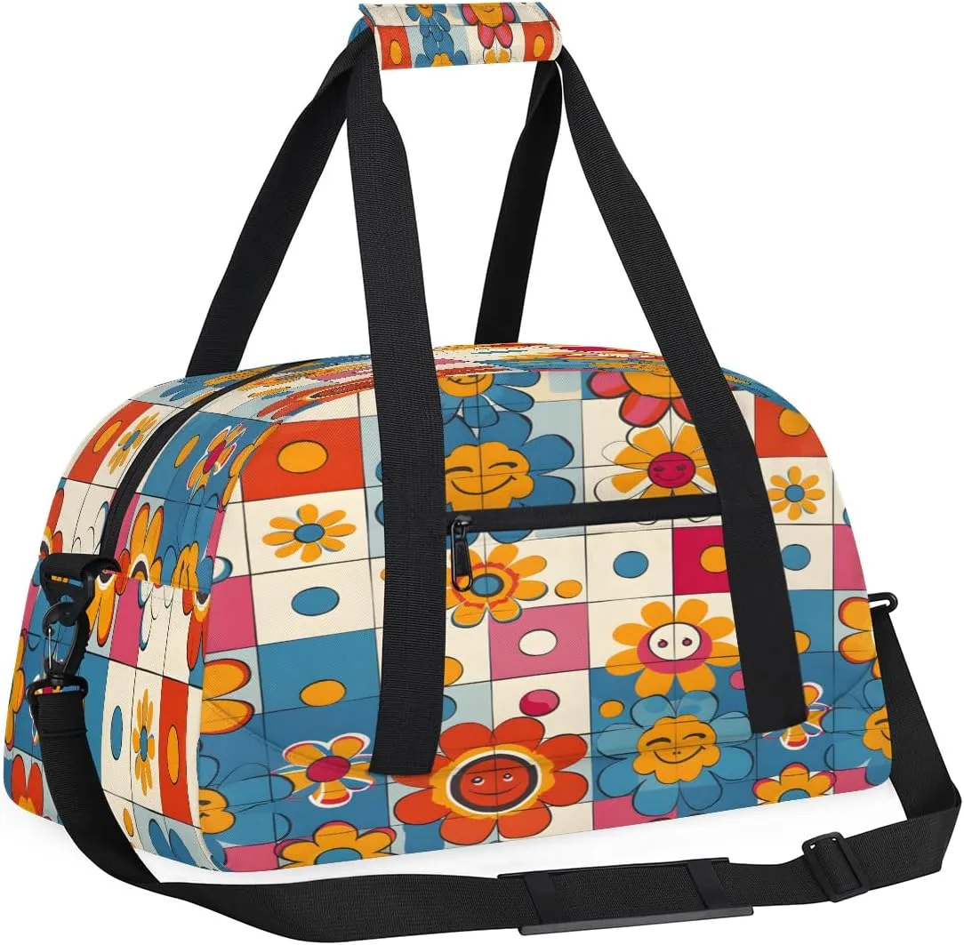 Hippie Groovy Flowers Kids Overnighter Duffel Bags for Boys, Carry-On Size Sports Gym Bag with Front Zipper Pocket for School Practice or Overnight Travel Weekender Sleepover Tote Bag
