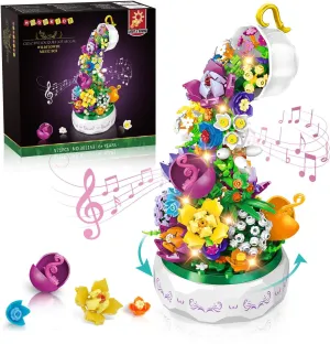 HOGOKIDS Flowers Music Box Building Block Kit with Light- 571PCS Mother's Day Decoration Rotating Music Box Building Blocks Set | Botanical Collection Birthday Gift for Girls Boys Adults Kids Ages 6 