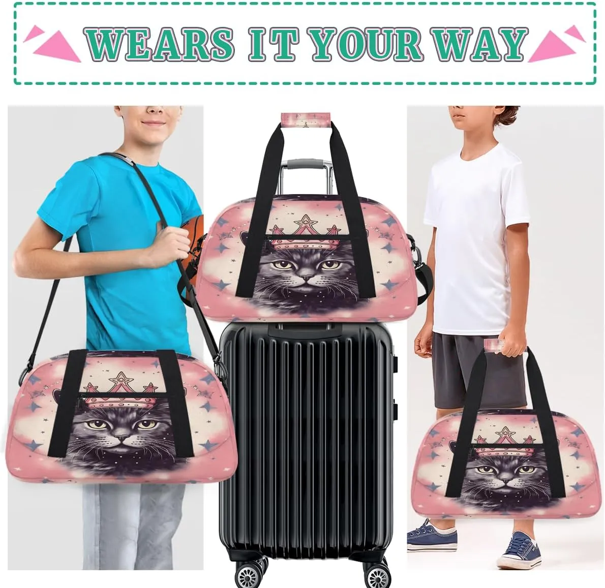 Holiday Cats Kids Overnighter Duffel Bags for Boys, Carry-On Size Sports Gym Bag with Front Zipper Pocket for School Practice or Overnight Travel Weekender Sleepover Tote Bag