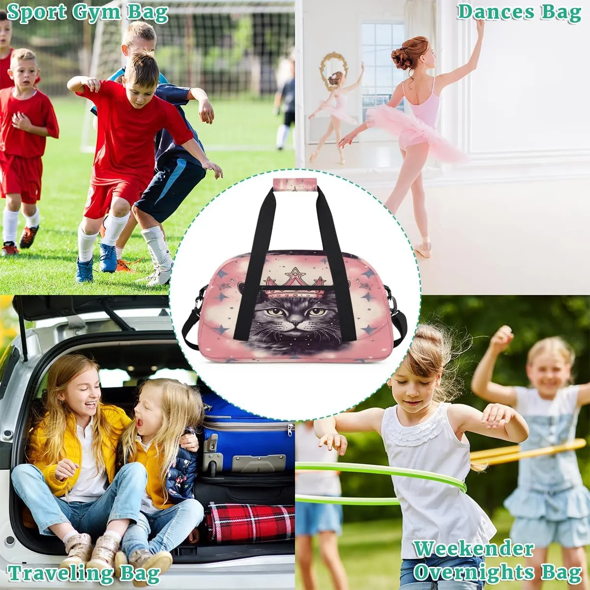 Holiday Cats Kids Overnighter Duffel Bags for Boys, Carry-On Size Sports Gym Bag with Front Zipper Pocket for School Practice or Overnight Travel Weekender Sleepover Tote Bag