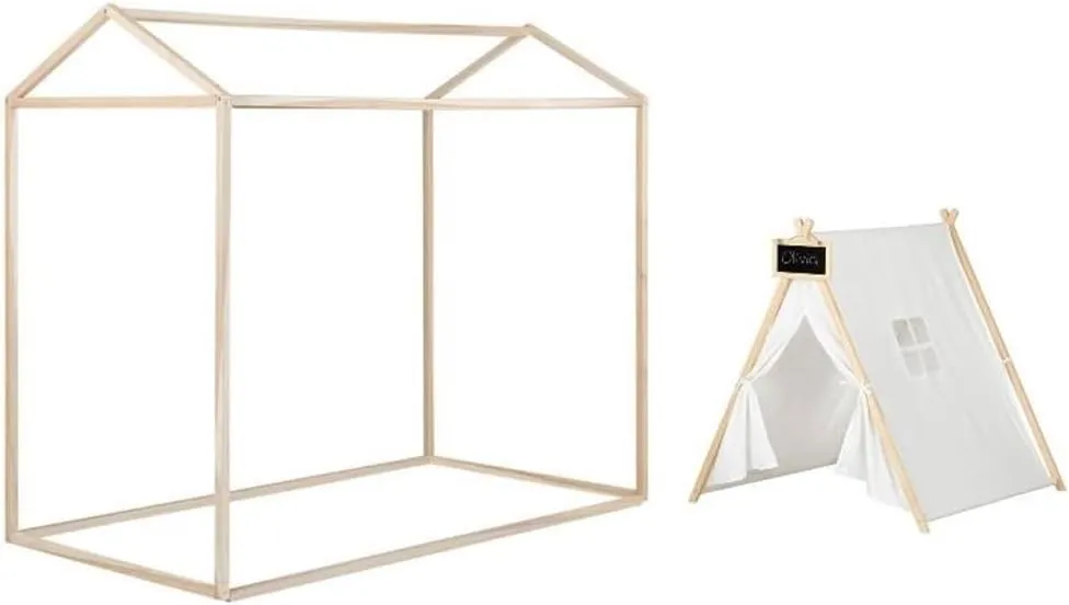 Home Square 2-Piece Set with Twin Bed Frame and Play Tent with Chalkboard