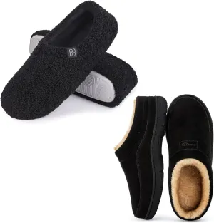 HomeTop Couple’s Set of 2 Pairs - Microsuede Slip-on Moccasin Slippers (Size 11-12, Dark Black) - Curly Teddy Fur Slippers (Size 9-10, Black)