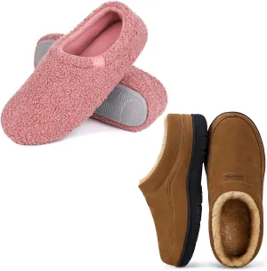 HomeTop Couple’s Set of 2 Pairs - Microsuede Slip-on Moccasin Slippers (Size 7-8, Chestnut) - Curly Teddy Fur Slippers (Size 5-6, Pink)