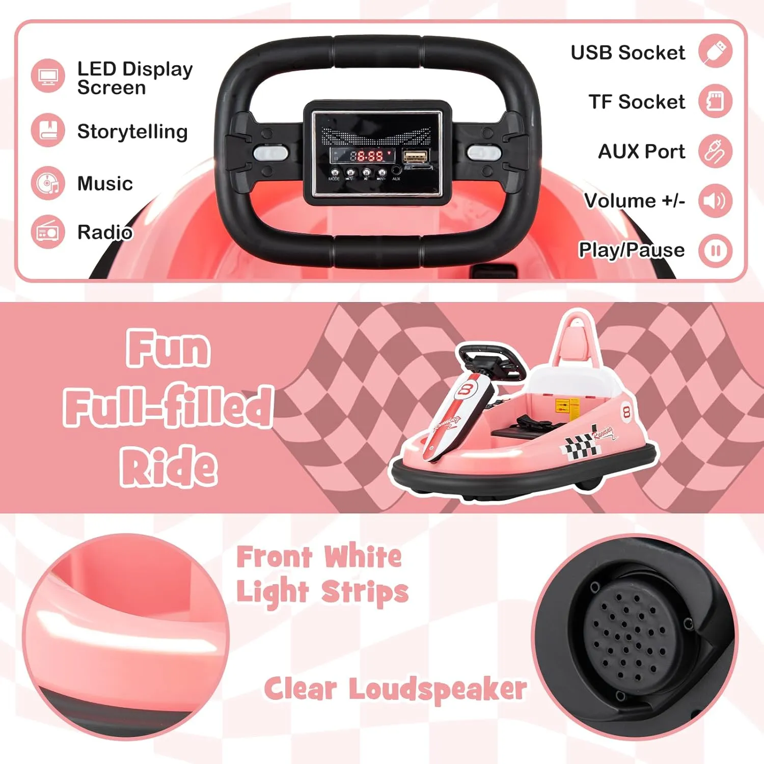 HONEY JOY Toddler Bumper Car, Battery Powered Baby Ride on Bumping Car, Steering Wheel, Light & Horn, Music, 360 Degree Spin, Electric Vehicle for Kids, 6V Ride on Toys, Gift for Boys Girls (Pink)