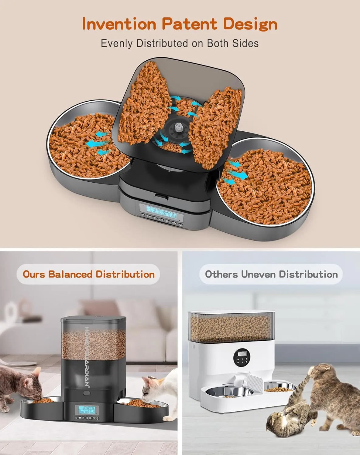 HoneyGuaridan Automatic Cat Feeder for Two Cats, Food Dispenser with Stainless Steel Bowl,Timed Cat Feeder Programmable 1-6 Meals Control, Dual Power Supply,10s Meal Call Black