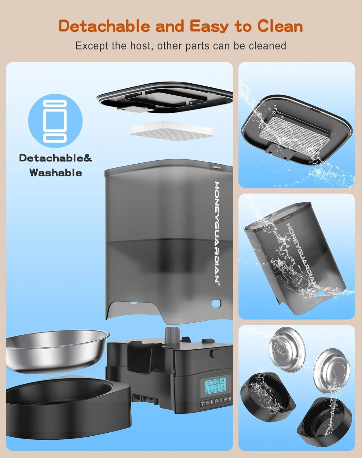 HoneyGuaridan Automatic Cat Feeder for Two Cats, Food Dispenser with Stainless Steel Bowl,Timed Cat Feeder Programmable 1-6 Meals Control, Dual Power Supply,10s Meal Call Black