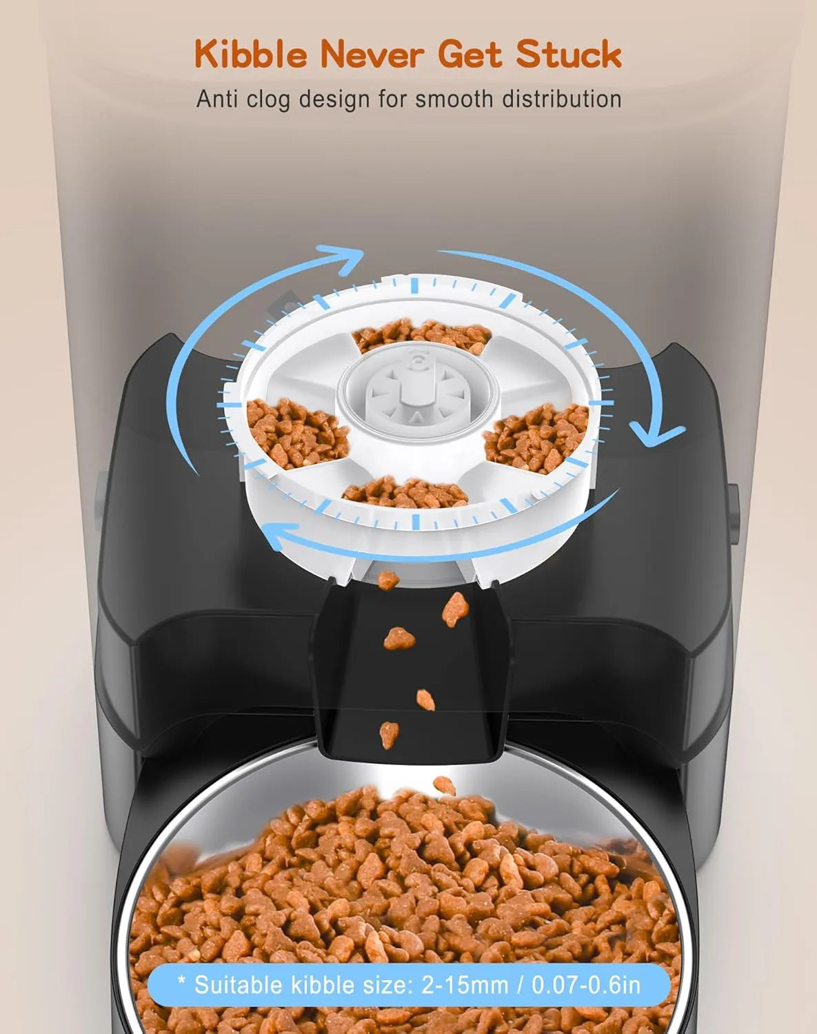 HoneyGuaridan Automatic Cat Feeder for Two Cats, Food Dispenser with Stainless Steel Bowl,Timed Cat Feeder Programmable 1-6 Meals Control, Dual Power Supply,10s Meal Call Black