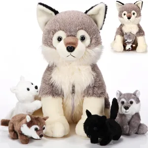 Honoson 5 Pcs Wolf Plush Toy Set 14 Inch Mommy Wolf Stuffed Animal with 4 Babies Soft Plushie for Boys Girls Birthday(Cute)