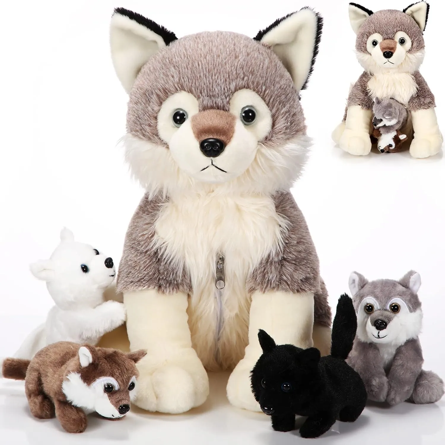 Honoson 5 Pcs Wolf Plush Toy Set 14 Inch Mommy Wolf Stuffed Animal with 4 Babies Soft Plushie for Boys Girls Birthday(Cute)