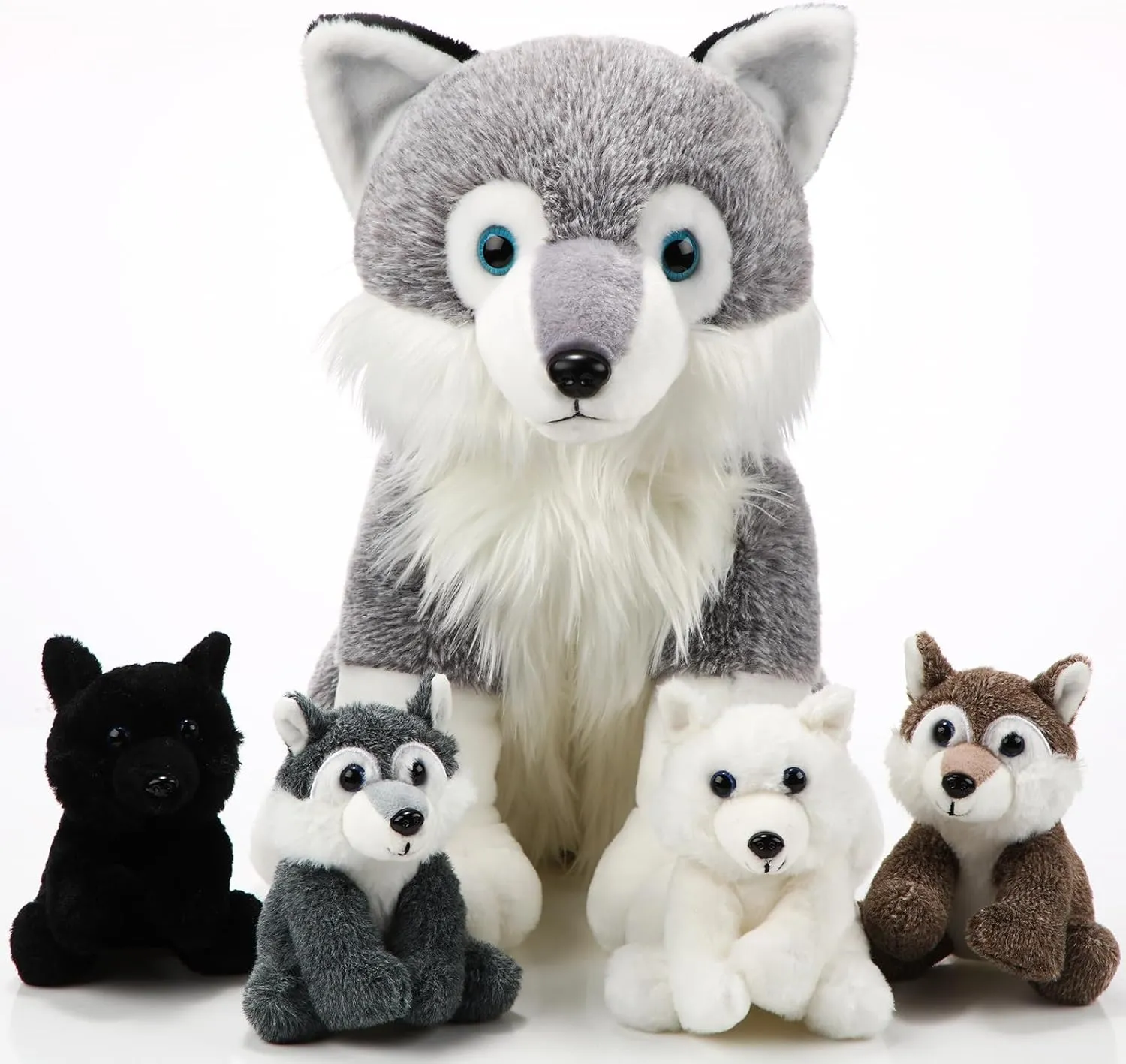 Honoson 5 Pcs Wolf Plush Toy Set 14 Inch Mommy Wolf Stuffed Animal with 4 Babies Soft Plushie for Boys Girls Birthday(Lovely)