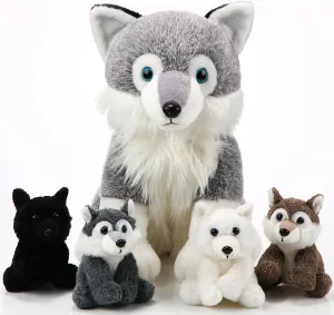 Honoson 5 Pcs Wolf Plush Toy Set 14 Inch Mommy Wolf Stuffed Animal with 4 Babies Soft Plushie for Boys Girls Birthday(Lovely)