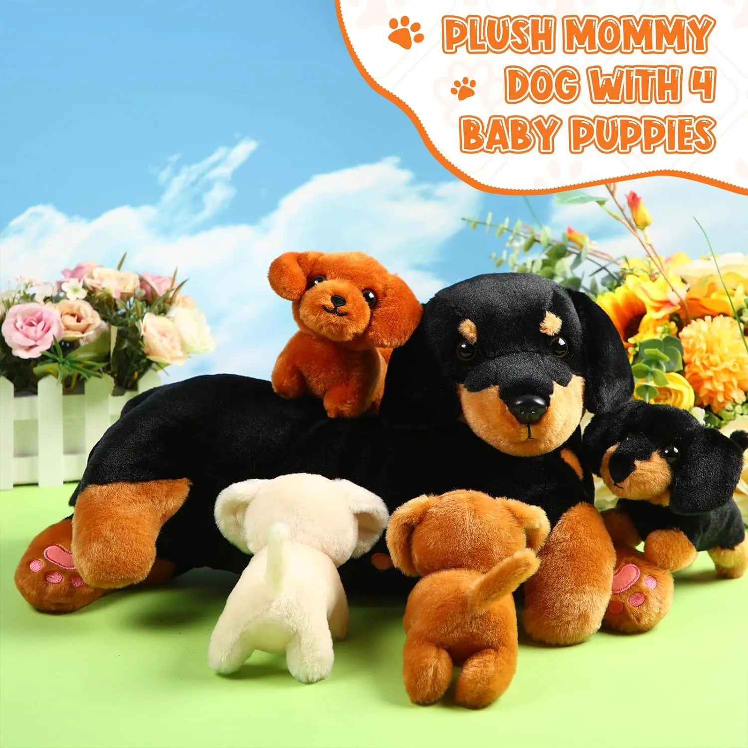 Honoson Nurturing Dog Mommy Plush Set with 4 Baby Puppies Soft Cute Dog Themed Stuffed Plush Toys for Kids Girls Boys Easter Birthday Gifts(Dachshund)