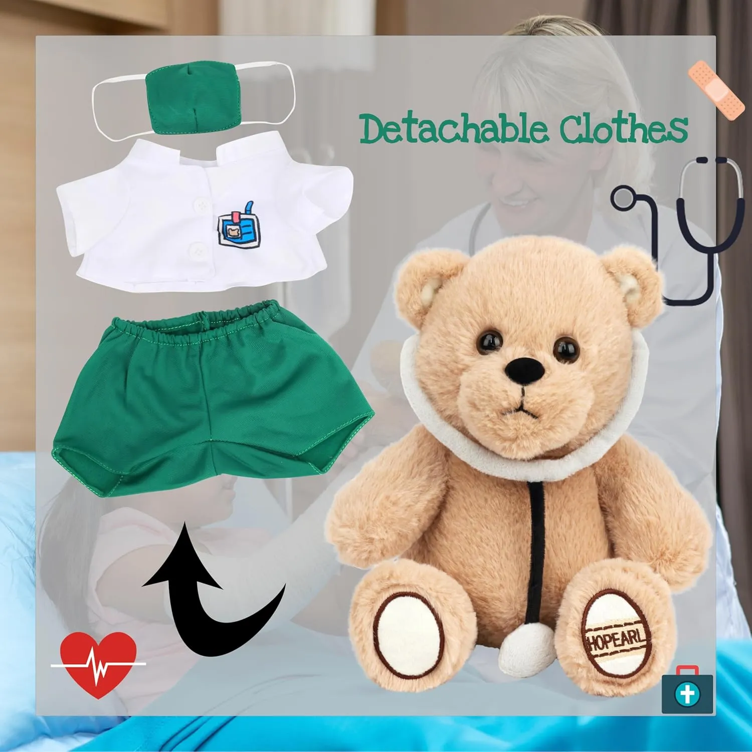 Hopearl Professional Dr. Bear Stuffed Animal Toy with Detachable Doctor Suit Uniform, White Coat, Stethoscope and Mask, Medical Plush Toy Bear Gifts for Kids Boys Girls, 10''