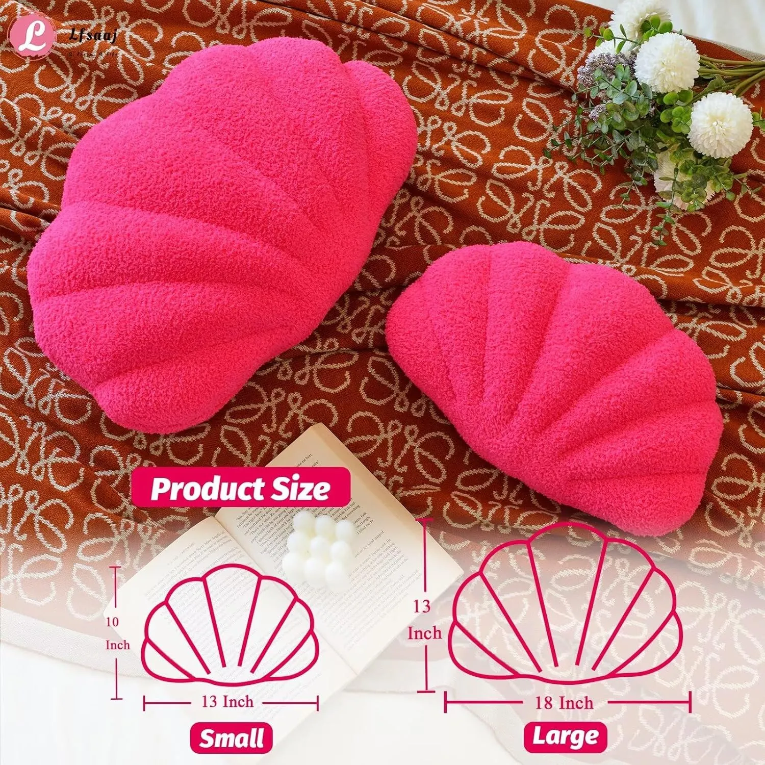 Hot Pink Seashell Throw Pillows, Shell Shaped Throw Pillows, 13 Inch Soft Home Decorative Pillow Plush Cushion for Bed Couch Living Sofa Room Decor Accent Throw Pillow