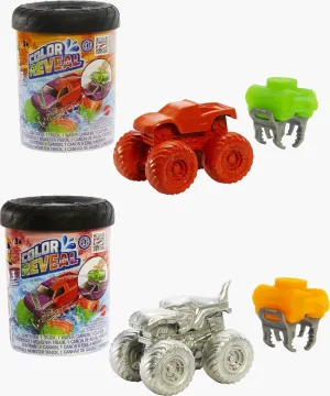 Hot Wheels Monster Trucks Color Reveal 2-Pack & Clip-On Water Tank, 2 Toy Trucks with Surprise Color Change (Styles May Vary)