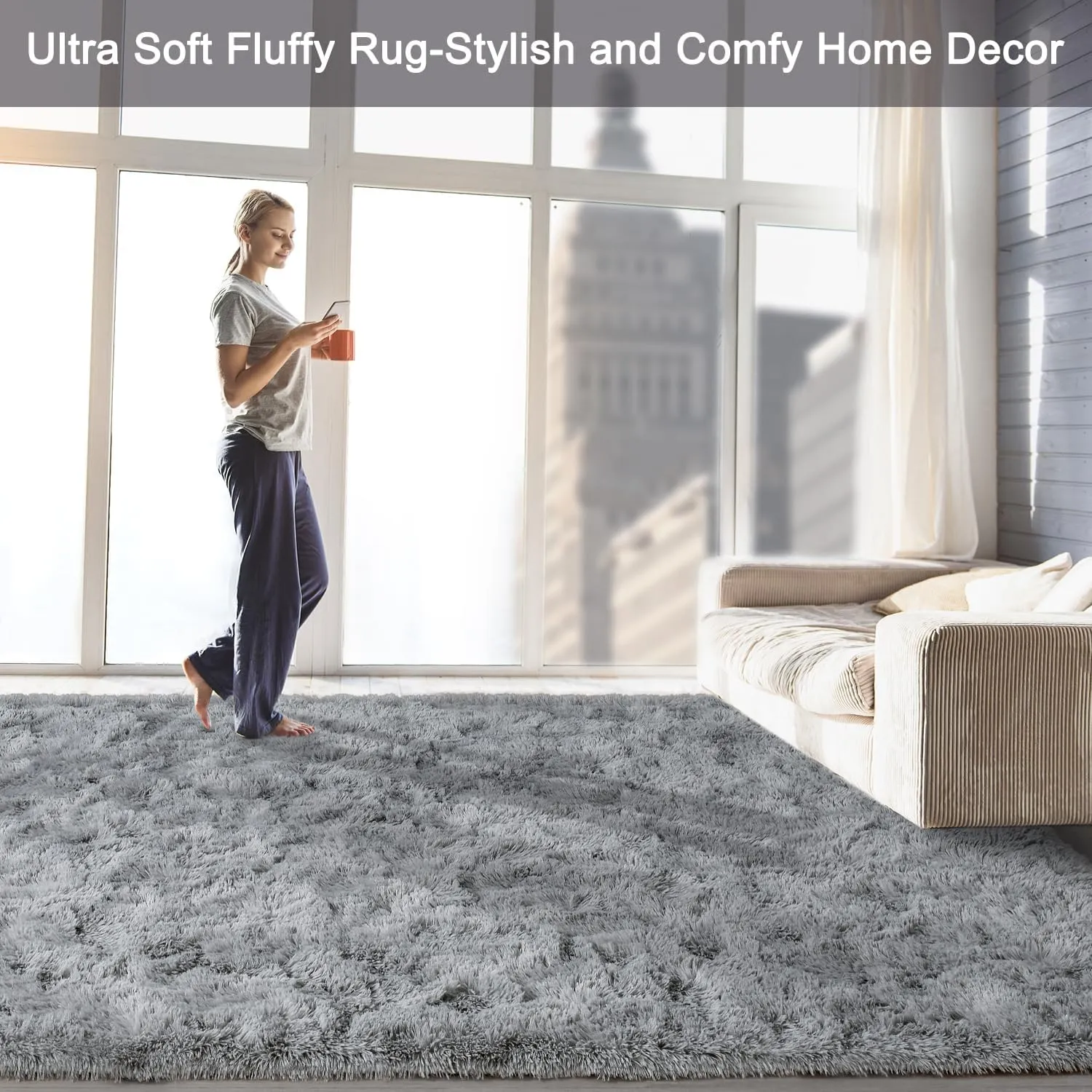HQAYW Fluffy Area Rugs for Living Room Bedroom, Machine Washable 4x6 Ultra Soft Shag Bedside Rug,Indoor Floor Non-Slip Modern Plush Carpet for Kids,Girls,Boys and Nursery Rooms,Grey