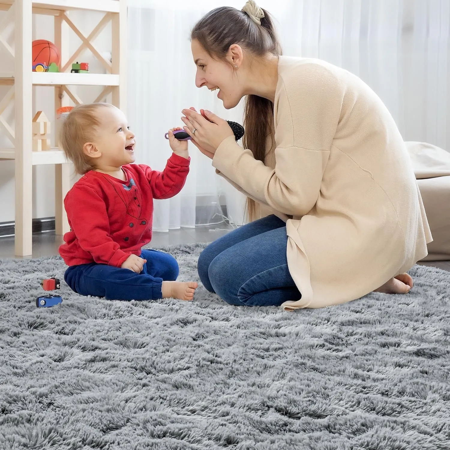 HQAYW Fluffy Area Rugs for Living Room Bedroom, Machine Washable 4x6 Ultra Soft Shag Bedside Rug,Indoor Floor Non-Slip Modern Plush Carpet for Kids,Girls,Boys and Nursery Rooms,Grey