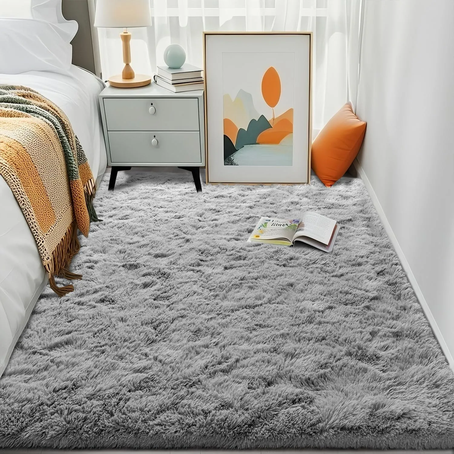 HQAYW Fluffy Area Rugs for Living Room Bedroom, Machine Washable 4x6 Ultra Soft Shag Bedside Rug,Indoor Floor Non-Slip Modern Plush Carpet for Kids,Girls,Boys and Nursery Rooms,Grey