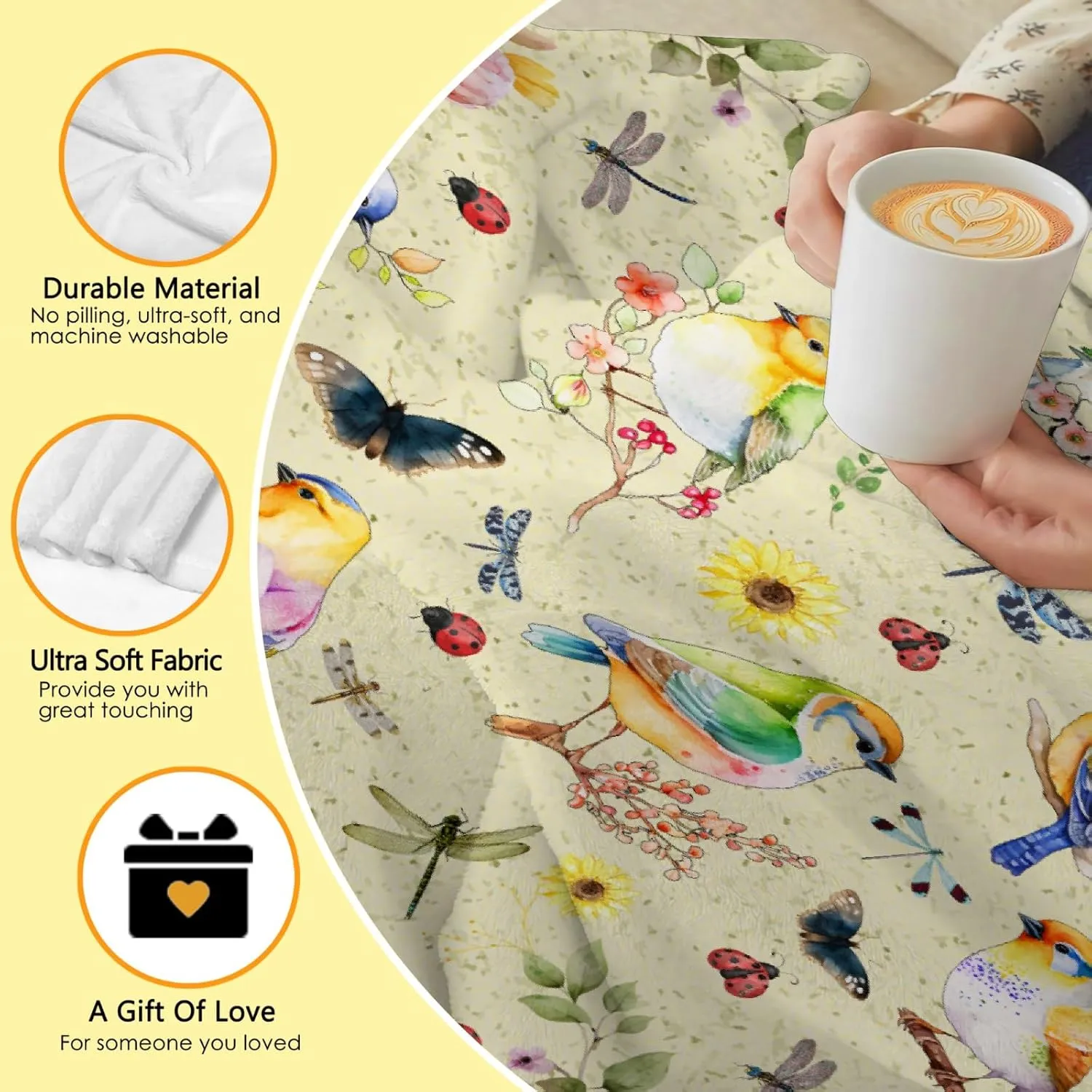 Hummingbird Blanket Super Soft Cozy Leaf Blankets Suitable for Couch Bed Butterfly Dragonfly Gifts for Women Bird Ladybug Decor Lightweight and Durable 60"x80"for Adults