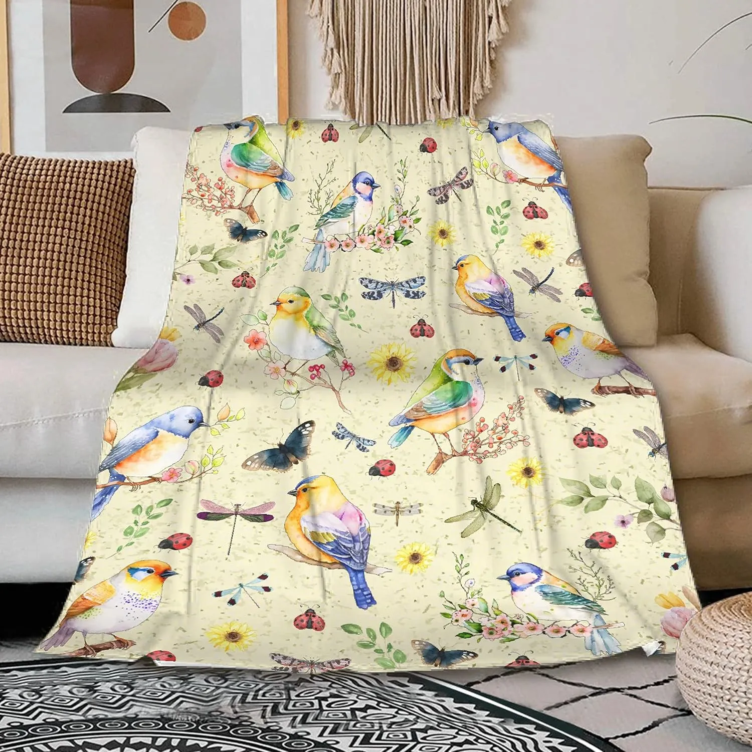 Hummingbird Blanket Super Soft Cozy Leaf Blankets Suitable for Couch Bed Butterfly Dragonfly Gifts for Women Bird Ladybug Decor Lightweight and Durable 60"x80"for Adults