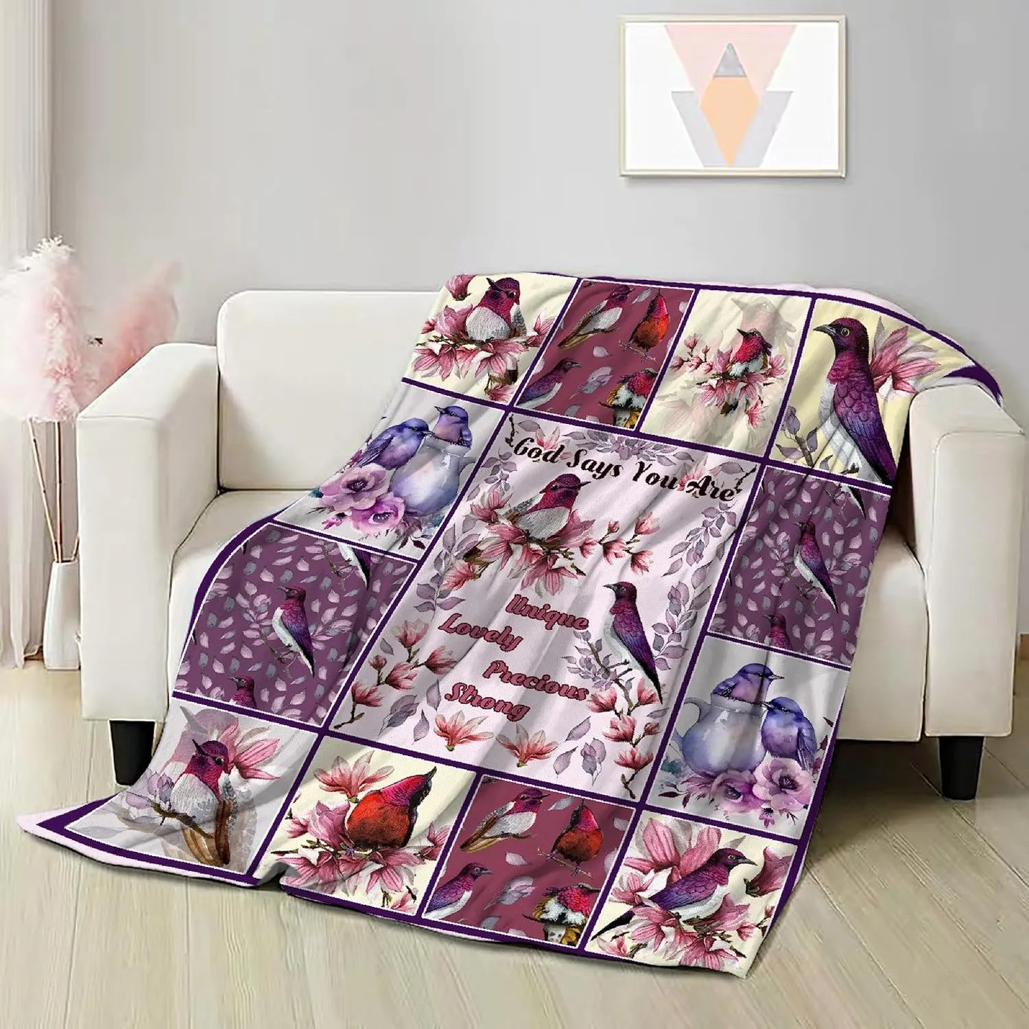 Hummingbird Flannel Throw Blanket Soft Cozy Bird Flower Blanket for Couch Bed Outdoor Hummingbird Gifts for Women Purple Blanket Lightweight and Durable 60"x80"for Adults