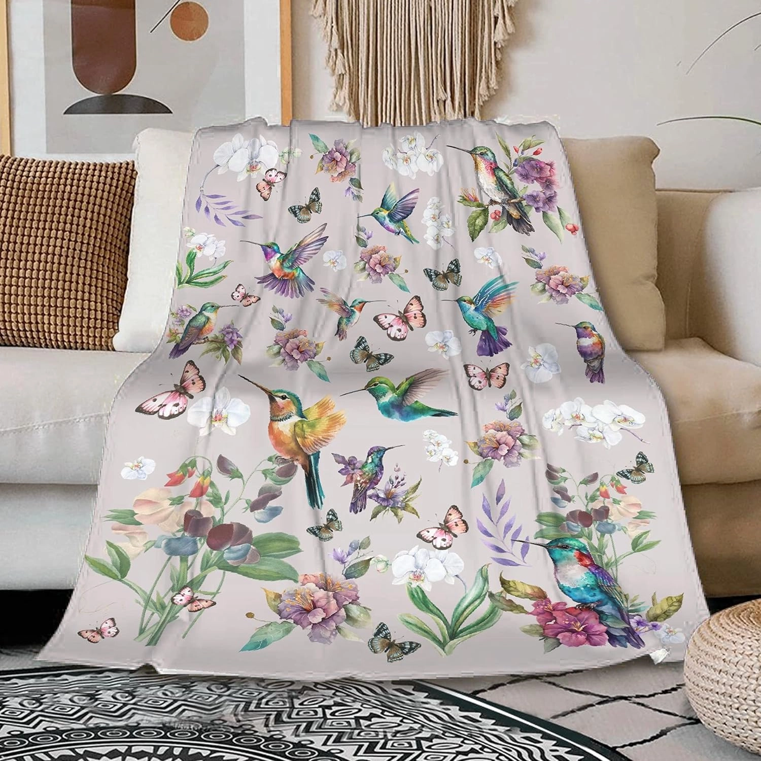 Hummingbird Throw Blanket Butterfly Hummingbirds Theme Blanket for Women Girls Hummingbird Gifts for Bird Lovers Bird Flower Blanket for Couch Bed Outdoor 60"x80"for Adults