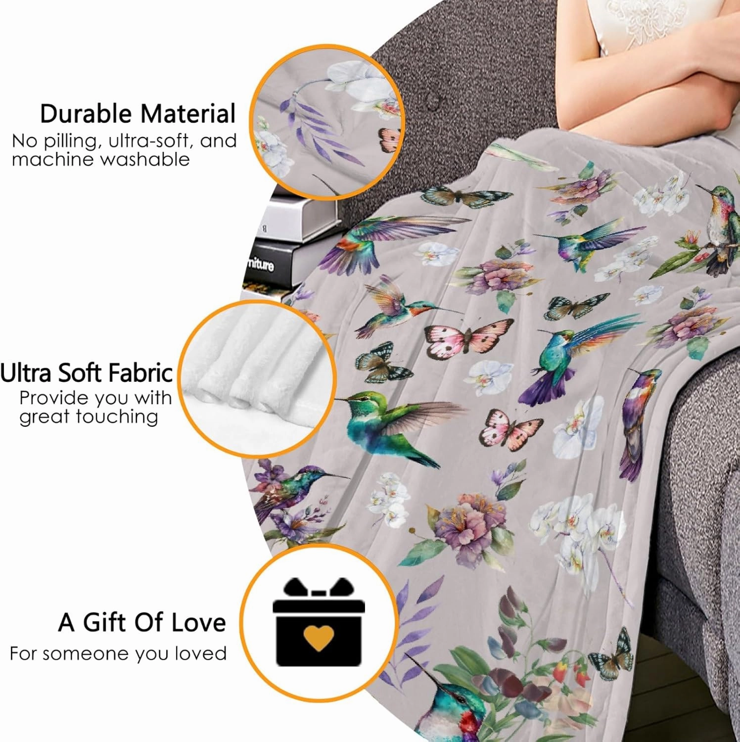 Hummingbird Throw Blanket Butterfly Hummingbirds Theme Blanket for Women Girls Hummingbird Gifts for Bird Lovers Bird Flower Blanket for Couch Bed Outdoor 60"x80"for Adults