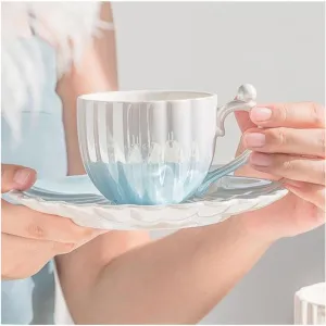 HwaGui Pearl Shell Cup and Saucer - 8oz Gradient Ceramic Coffee Mug, Vintage Tea, Cappuccino, Latte Art for Birthday Gift (Gradient Blue)