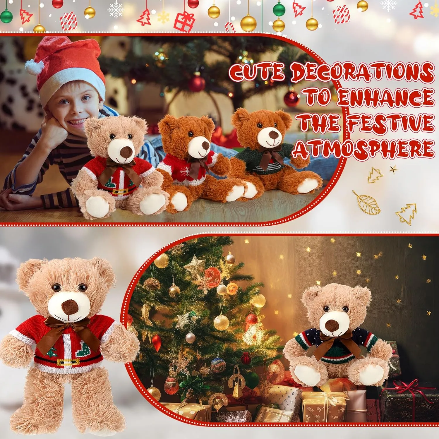 HyDren 2 Pcs Bear Stuffed Animals with 4 Removable Christmas Doll Clothes 14 Inch Plush Bear with Sweaters Home Decorations for DIY Doll Accessories(Cute,Elegant)