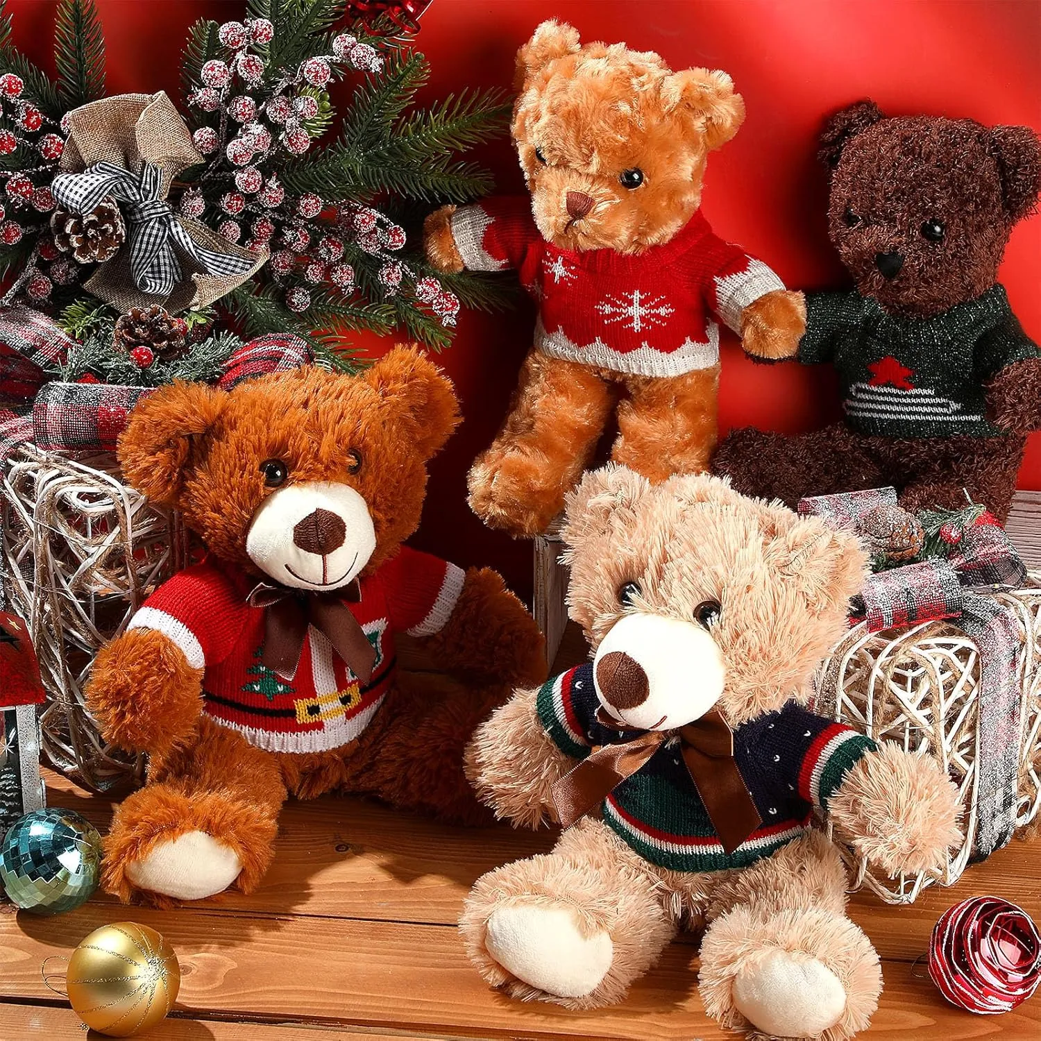 HyDren 2 Pcs Bear Stuffed Animals with 4 Removable Christmas Doll Clothes 14 Inch Plush Bear with Sweaters Home Decorations for DIY Doll Accessories(Cute,Elegant)
