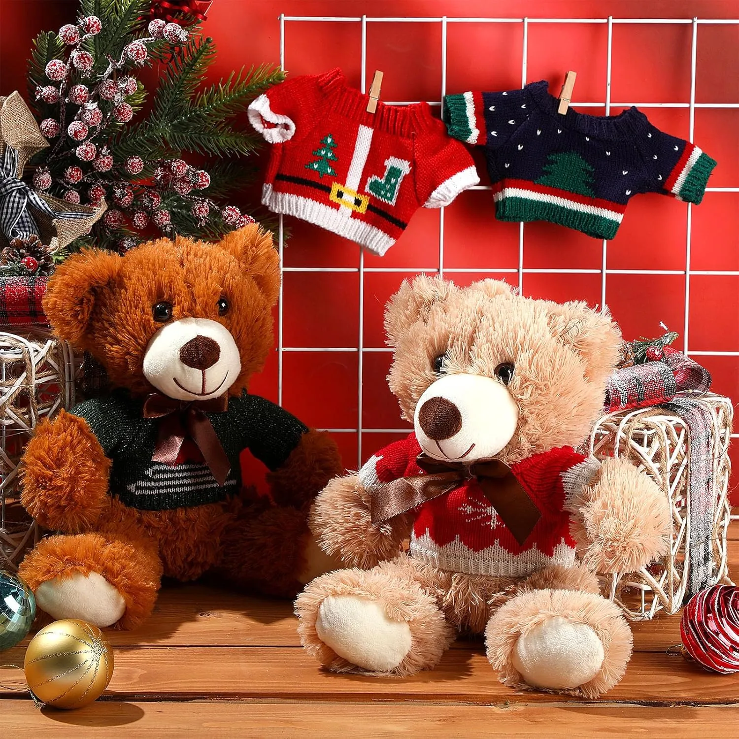 HyDren 2 Pcs Bear Stuffed Animals with 4 Removable Christmas Doll Clothes 14 Inch Plush Bear with Sweaters Home Decorations for DIY Doll Accessories(Cute,Elegant)