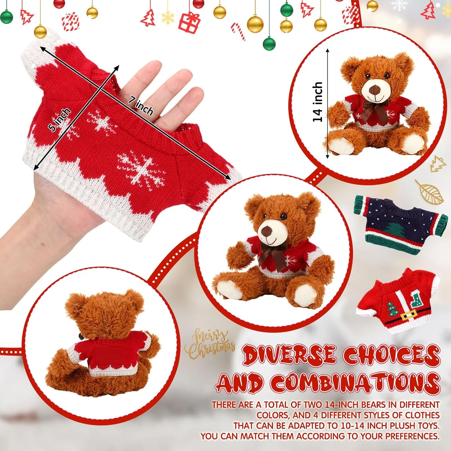 HyDren 2 Pcs Bear Stuffed Animals with 4 Removable Christmas Doll Clothes 14 Inch Plush Bear with Sweaters Home Decorations for DIY Doll Accessories(Cute,Elegant)