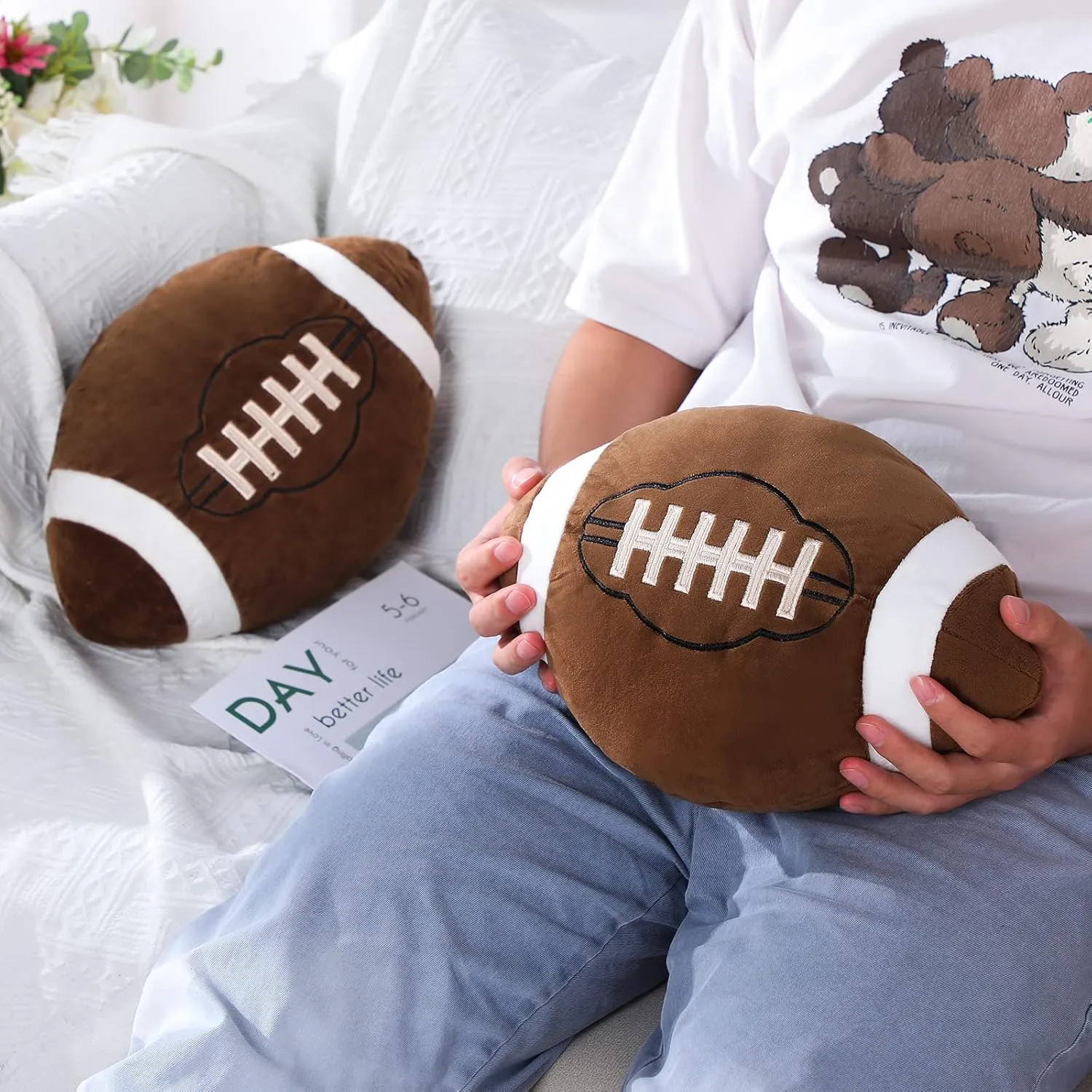 HyDren 2 Pcs Plush Football Pillows Fluffy Soft Stuffed Sports Throw Pillows Cute Football Shaped Cushions for Bedroom Nursery Room Decoration