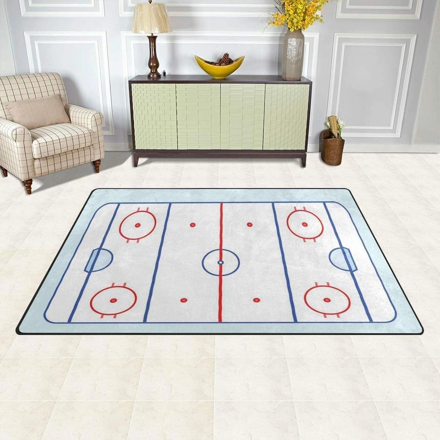 Ice Hockey Rink in Blue and Red Kids Rugs, Sports Field Stain Resistant Indoor Carpet, Felt Material with Anti-Slip Backing for Living Room Bedroom Room Boy Girl Room Nursery, 2ft x 3ft