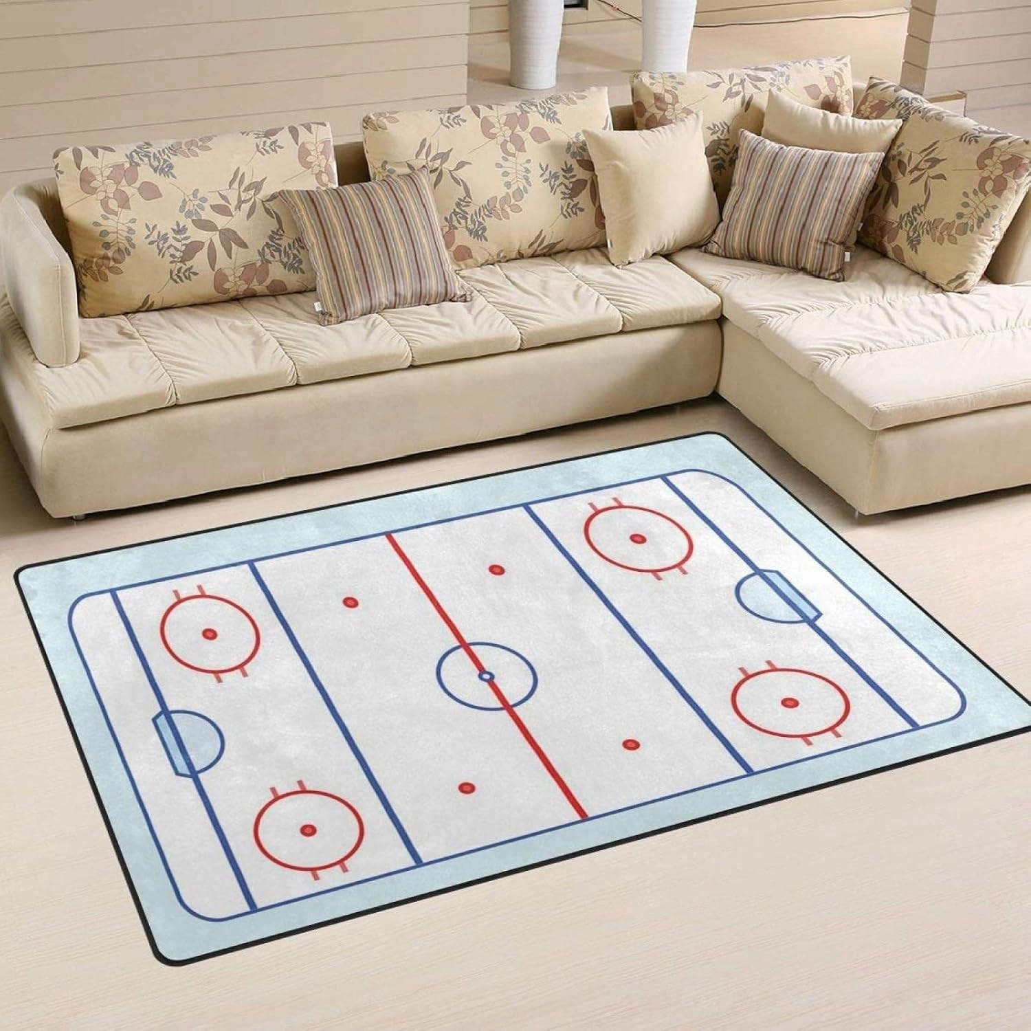 Ice Hockey Rink in Blue and Red Kids Rugs, Sports Field Stain Resistant Indoor Carpet, Felt Material with Anti-Slip Backing for Living Room Bedroom Room Boy Girl Room Nursery, 2ft x 3ft
