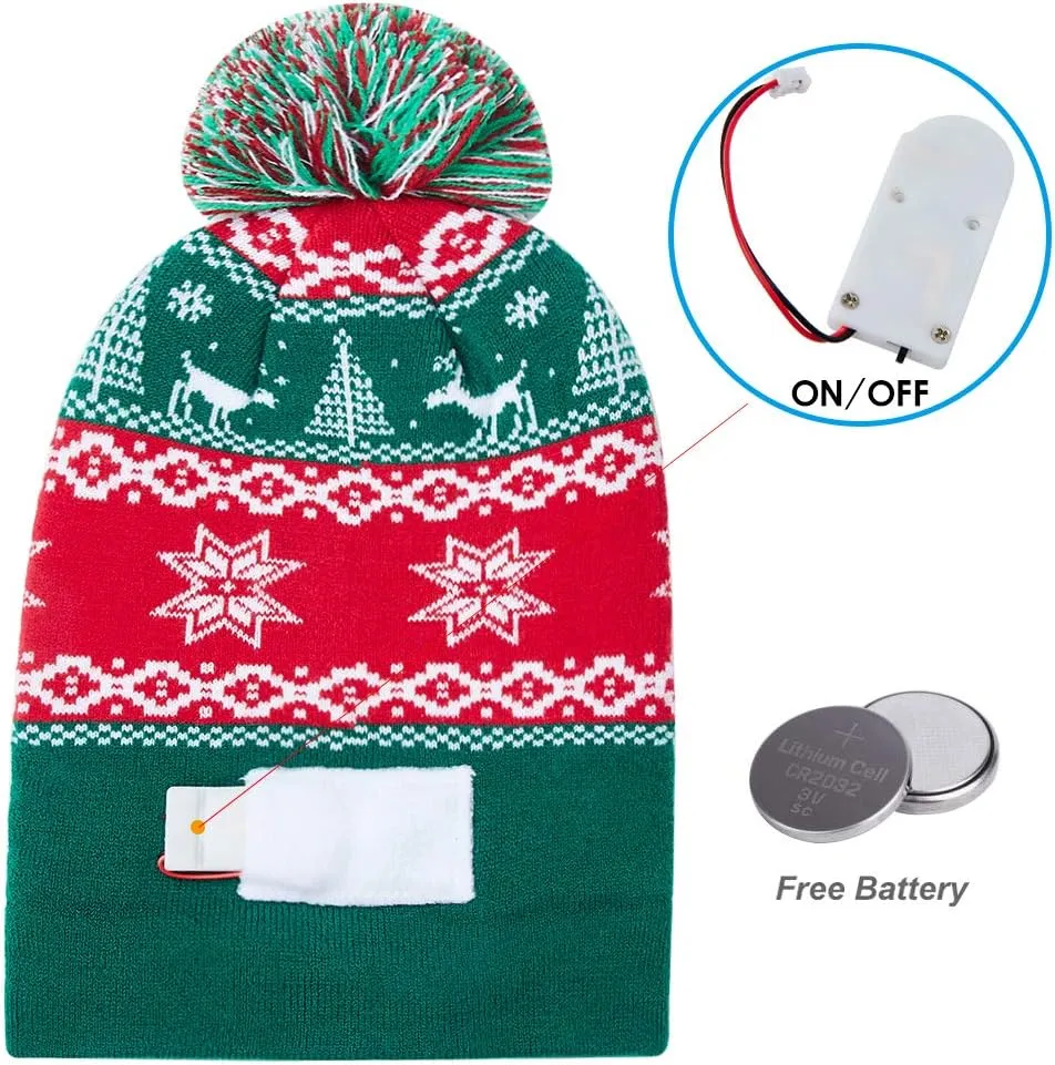 Idgreatim Unisex LED Light-up Ugly Christmas Sweater Hat Novelty Knitted Xmas Beanie Cap for Party(6 Light)