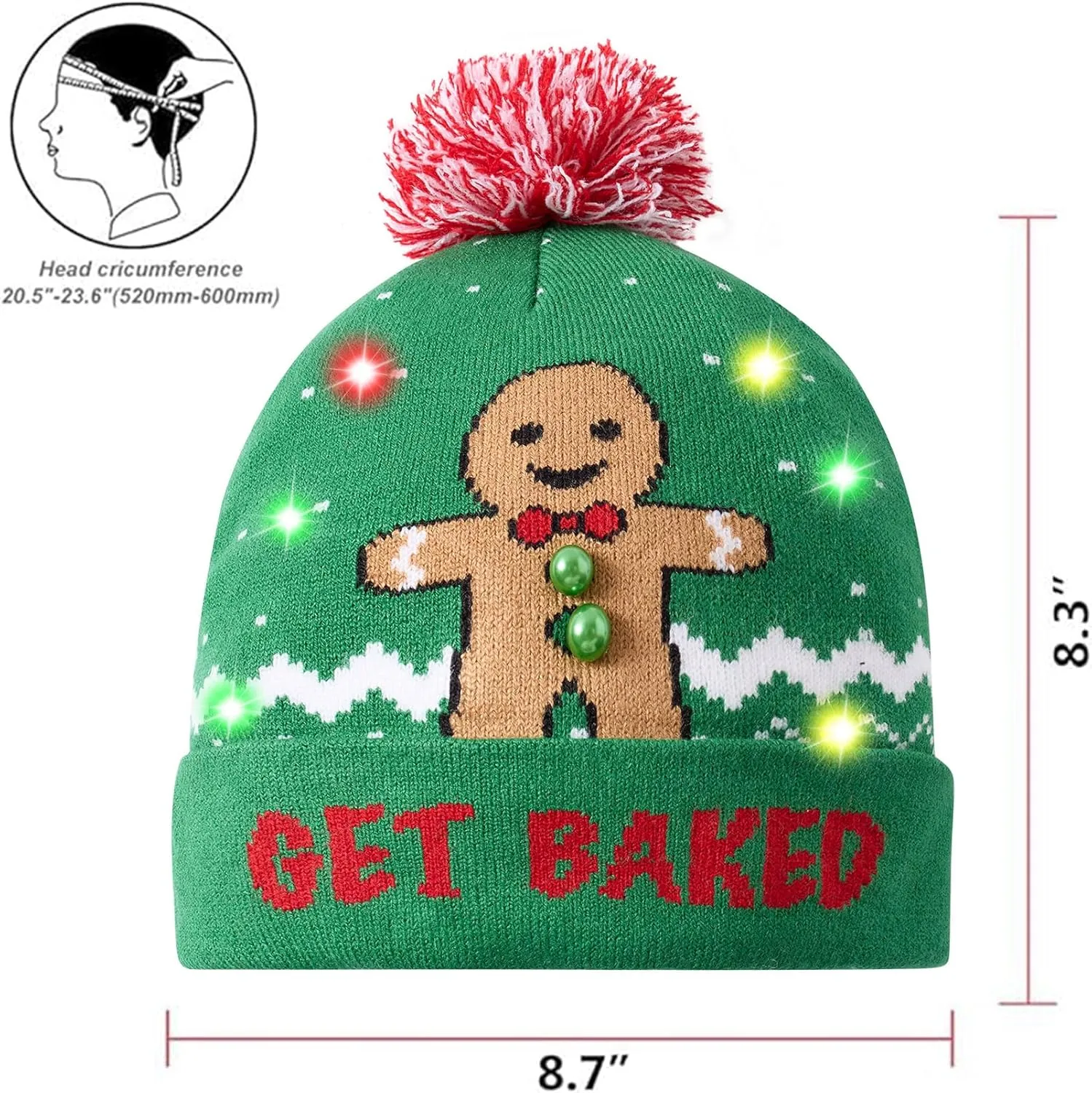 Idgreatim Unisex LED Light-up Ugly Christmas Sweater Hat Novelty Knitted Xmas Beanie Cap for Party(6 Light)
