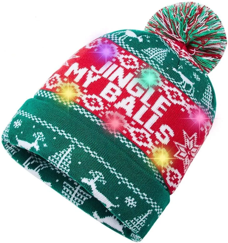 Idgreatim Unisex LED Light-up Ugly Christmas Sweater Hat Novelty Knitted Xmas Beanie Cap for Party(6 Light)