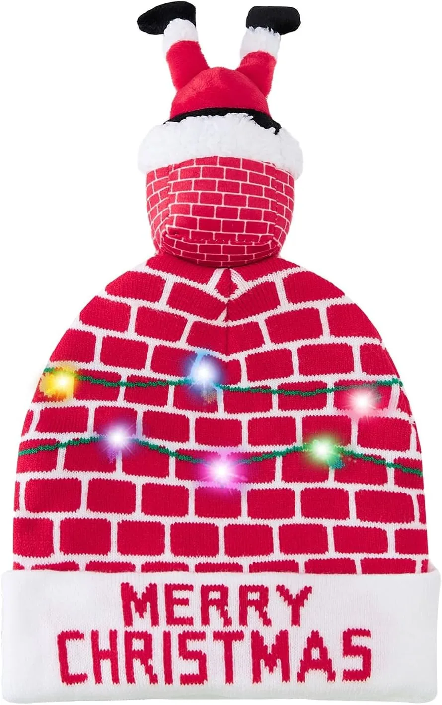 Idgreatim Unisex LED Light-up Ugly Christmas Sweater Hat Novelty Knitted Xmas Beanie Cap for Party(6 Light)