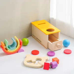 IEATFO Montessori Toys for Toddlers of Tracking, Sorting, Stacking - Wooden Ball Coin Drop Box - Wooden Shape Sorter - Silicone Rainbow Stacker, Good for Fine Motor Training and Hand-Eye Coordination